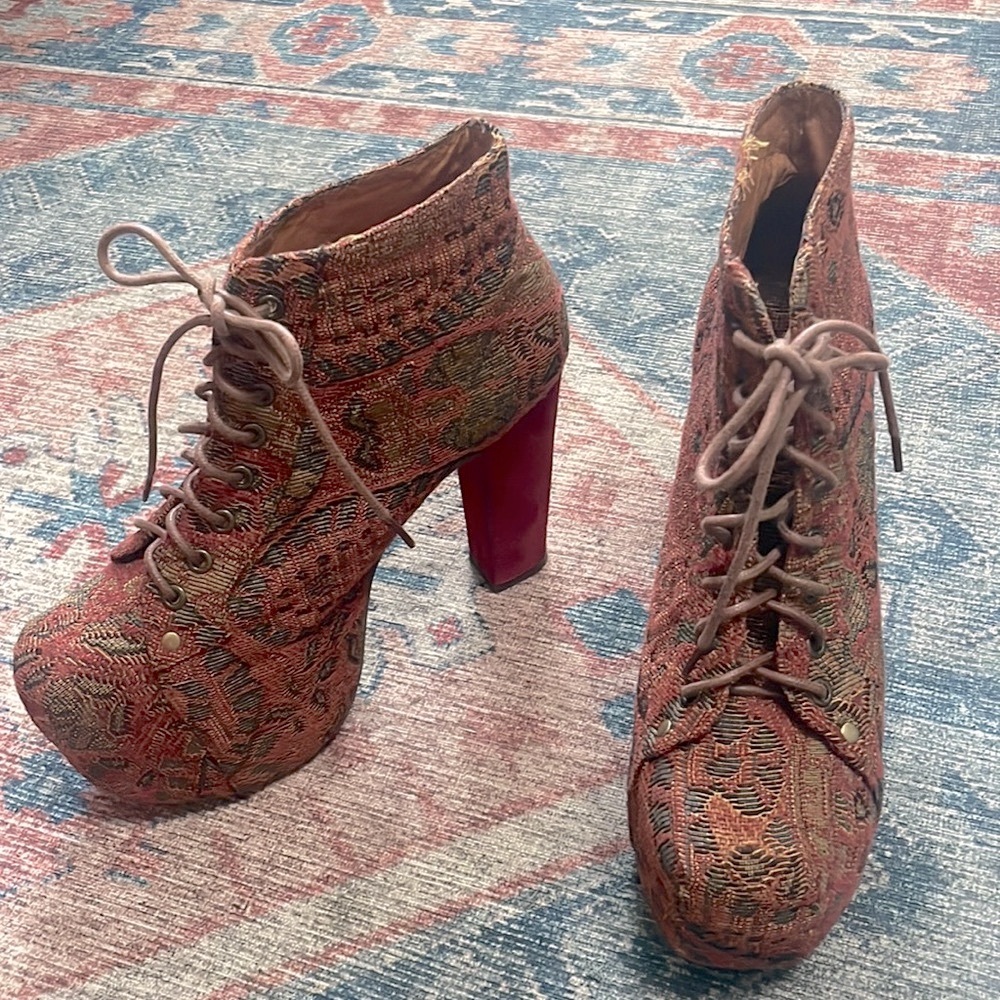 JEFFREY CAMPBELL Lita Platform Lace Up Heeled Boot in Tapestry Paisley
